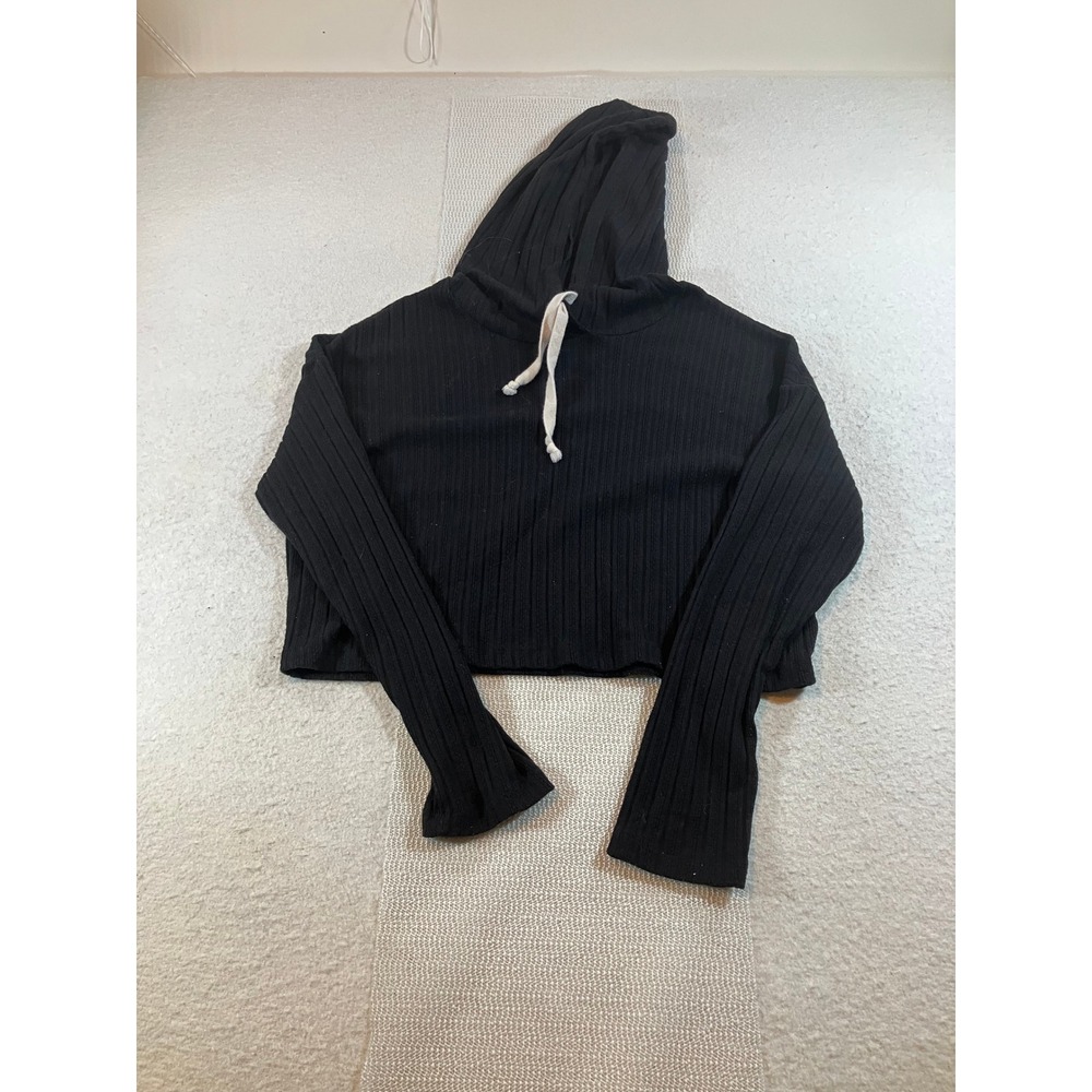 Alya Womens Black Ribbed Knit Cropped Hoodie Long Sleeve Pullover Size Large